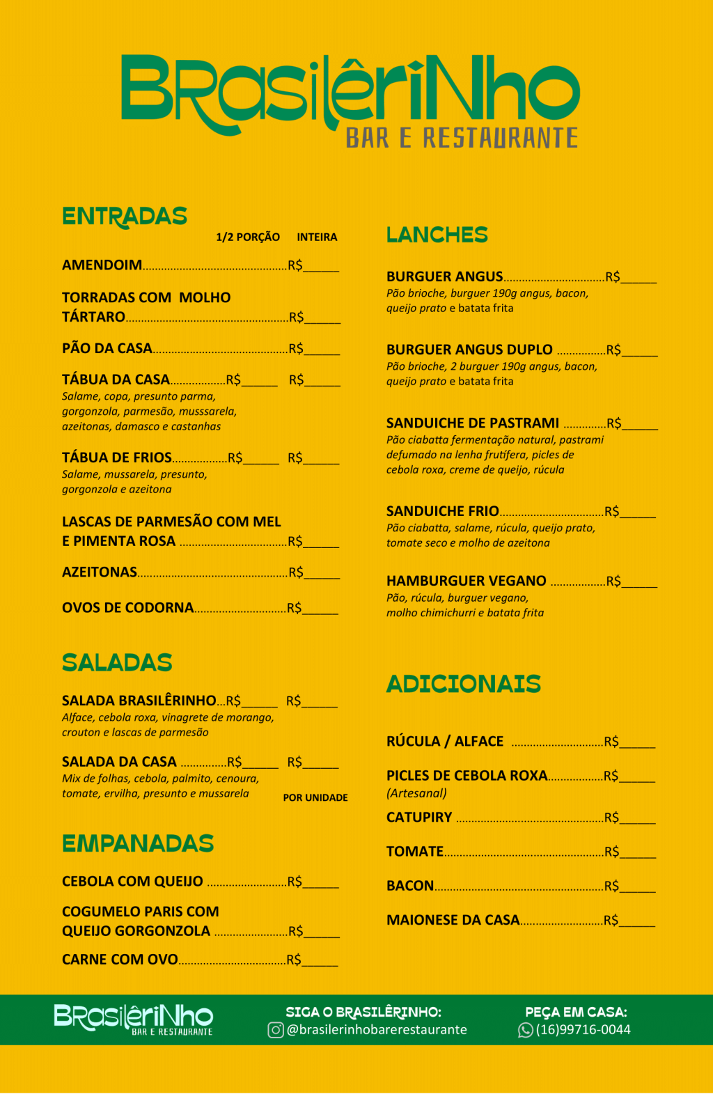 Cardápio com as opções de Entradas, Saladas, Empanadas, Lanches e Adicionais