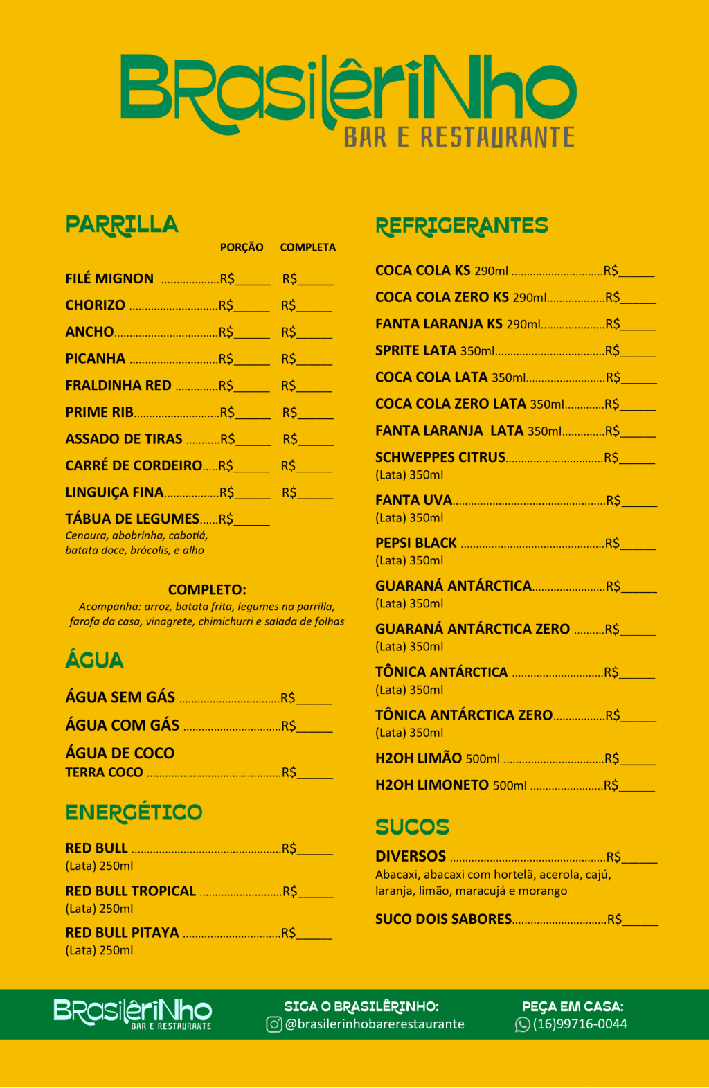 Cardápio com as opções de Parrilla, Águas, Refrigerantes, Energéticos e Sucos