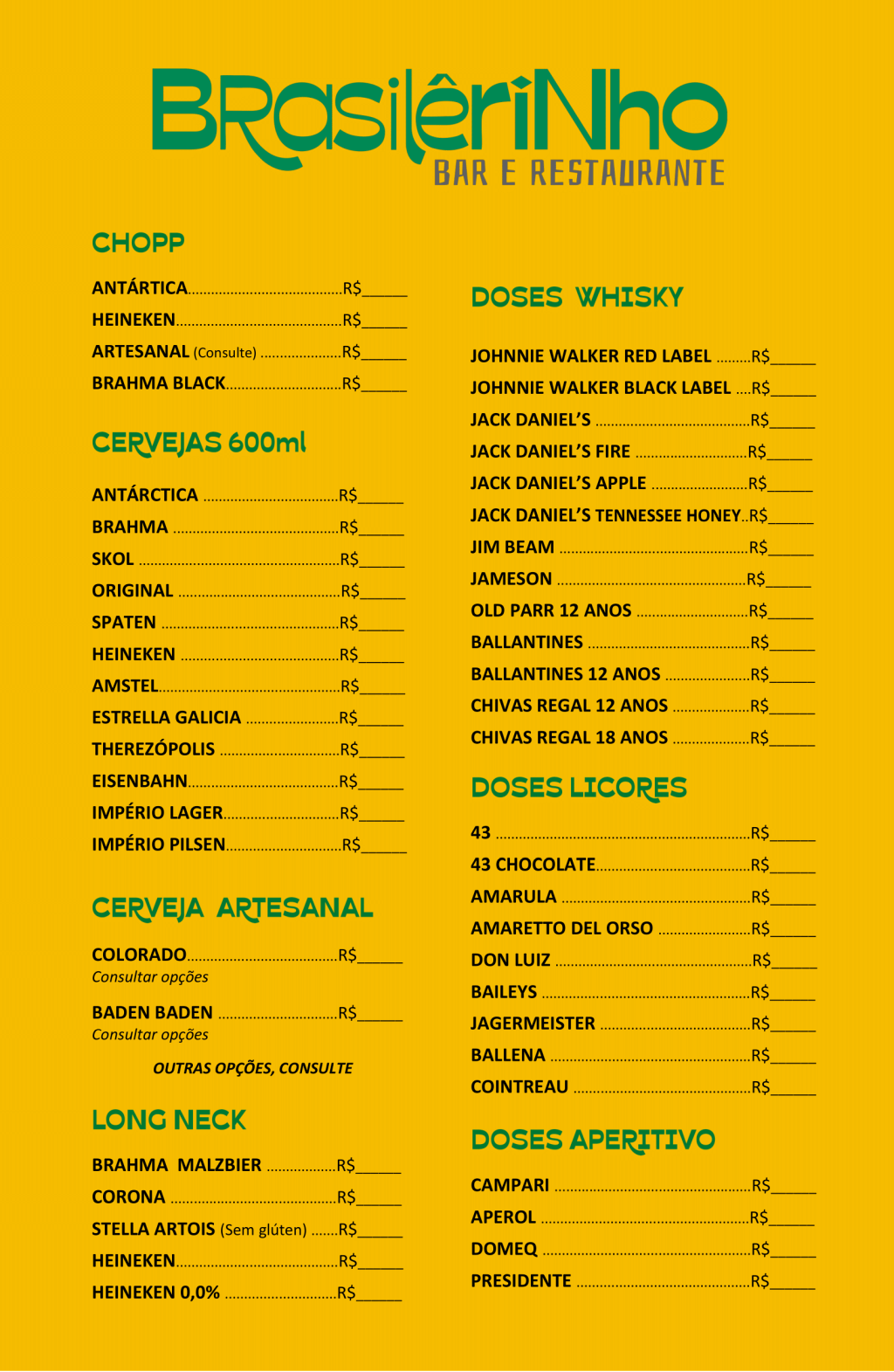 Cardápio com as opções de Chopps, Cervejas (600ml, Artesanais e Long Neck), Whisky, Licores e Aperitivos